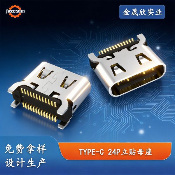 TYPE-C 24P母座 立贴H=6.5 外壳带弹 四脚直插